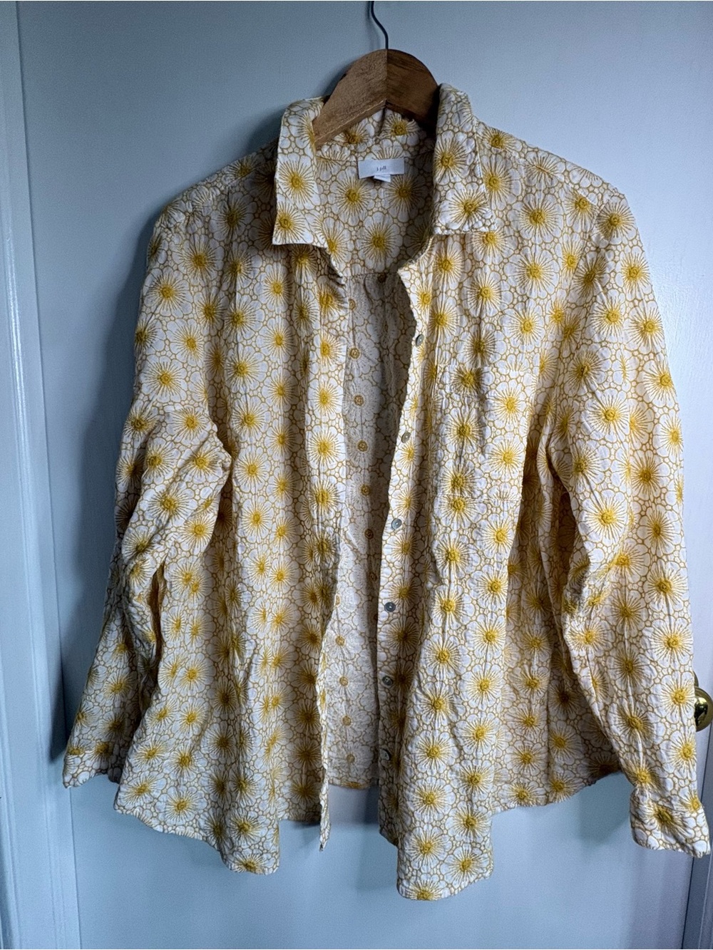 J. Jill Mustard All Over Embroidery Daisy Button-Down Shirt Boho Preppy Western
